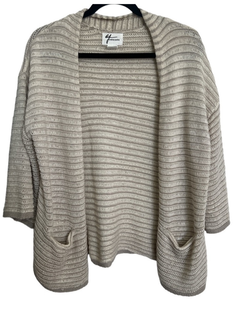 Andrea Jovine Beige Open Front Ribbed Knit Cardigan Sweater with Pockets